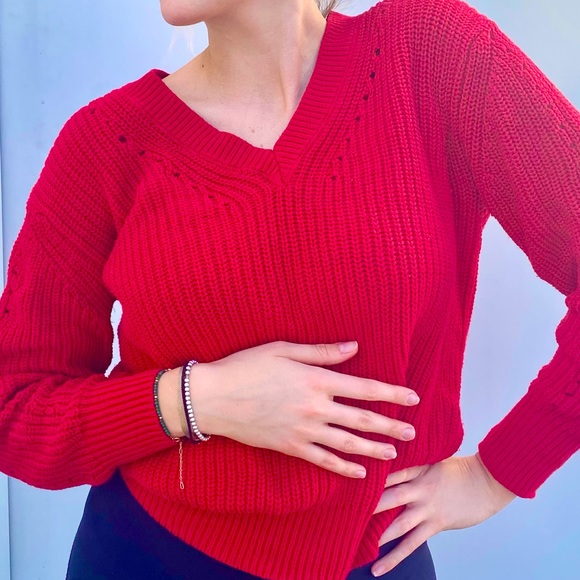 LIKE NEW Mango Bright Red Knitted V-neck Ribbed Cozy Sweater Long Sleeve - Picture 1 of 4